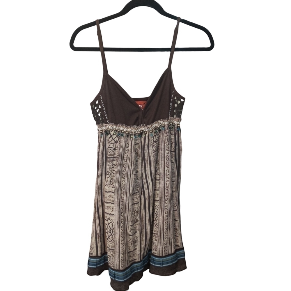 Vintage Free People Brown Boho Linen Blend Mixed Print Beaded Mini Dress  Size 6